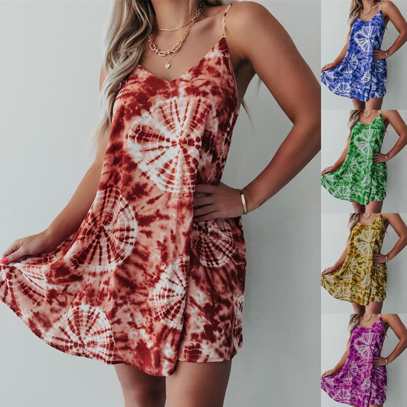 Classis Tie Dye Print Spaghetti Strap Summer Dress Image 1