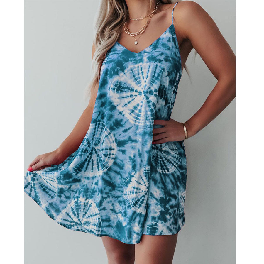 Classis Tie Dye Print Spaghetti Strap Summer Dress Image 6