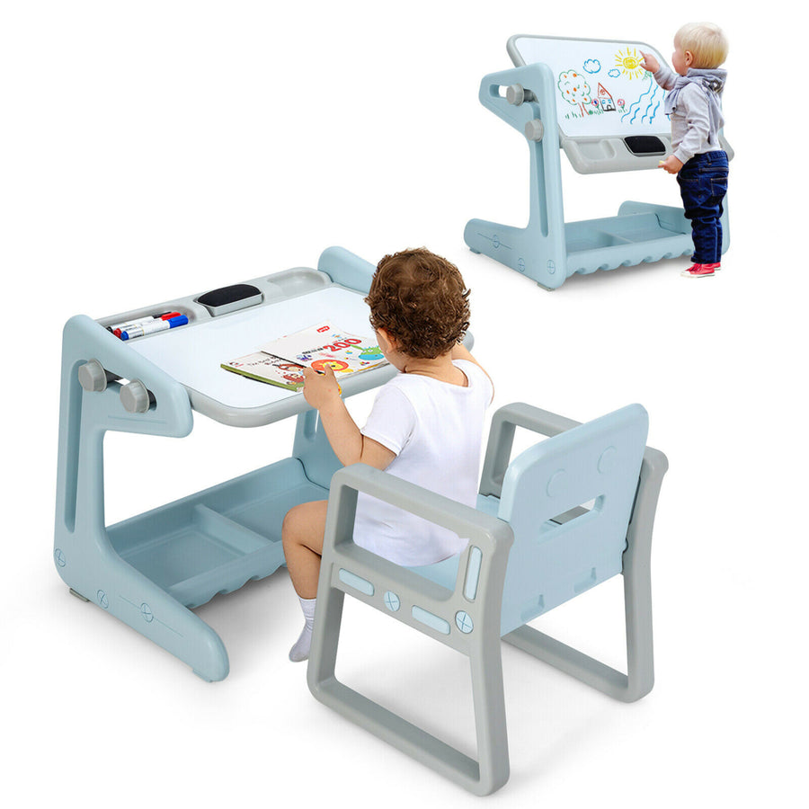 2 in 1 Kids Easel Table and Chair Set Adjustable Art Painting Board Gray/Blue/Light Pink Image 1