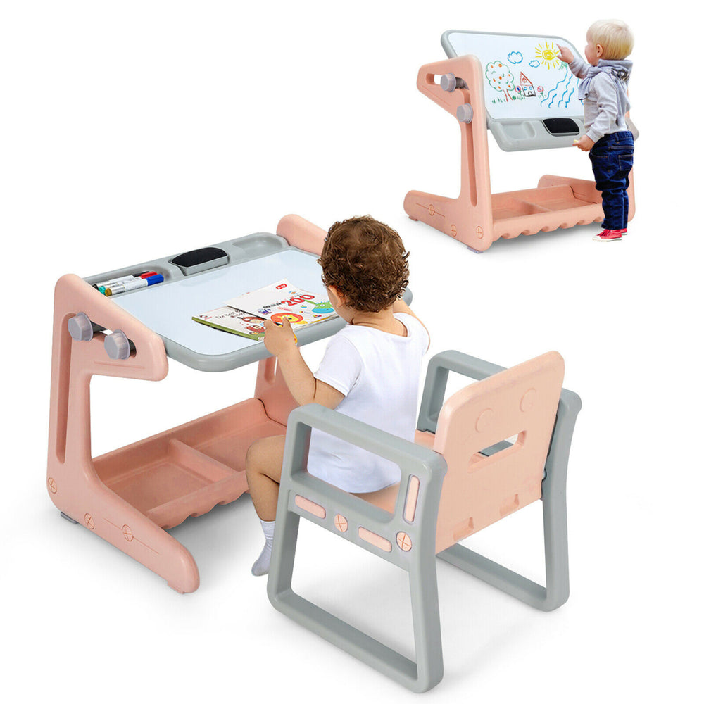 2 in 1 Kids Easel Table and Chair Set Adjustable Art Painting Board Gray/Blue/Light Pink Image 2