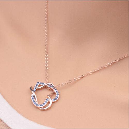 White Gold Double Heart Necklace with Simulated Diamond Trim Image 2