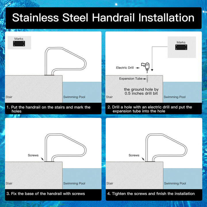 Swimming Pool Hand Rail 49 Stainless Steel Mounted Pool Stair Rail w/Base Plate Image 10