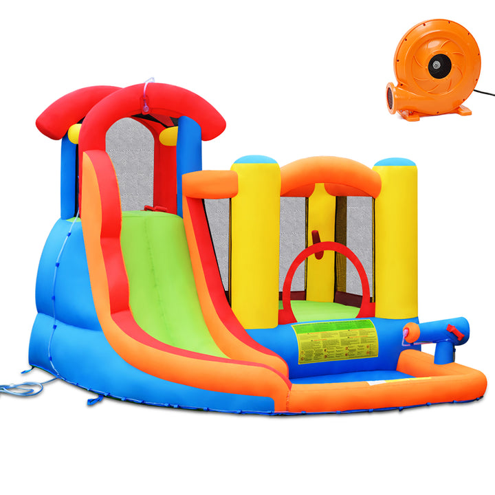 Inflatable Bounce House Kid Water Splash Pool Slide Jumping Castle w/740W Blower Image 1