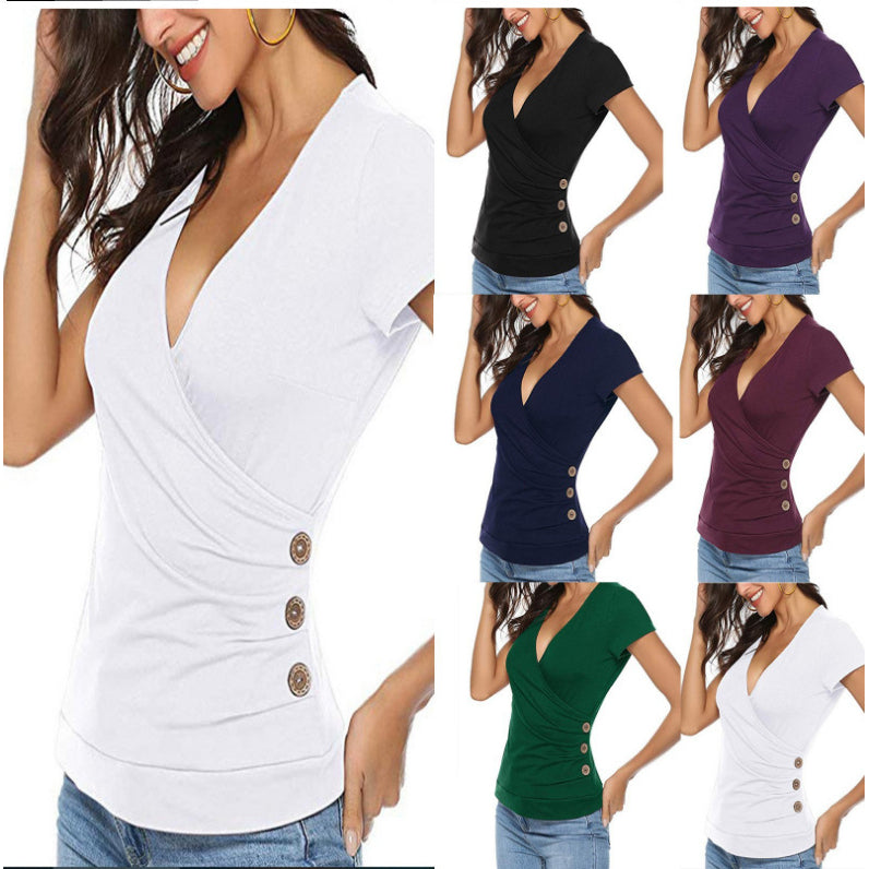 Deep V Neck Side Button Deco Tunic Shirt Top Image 1