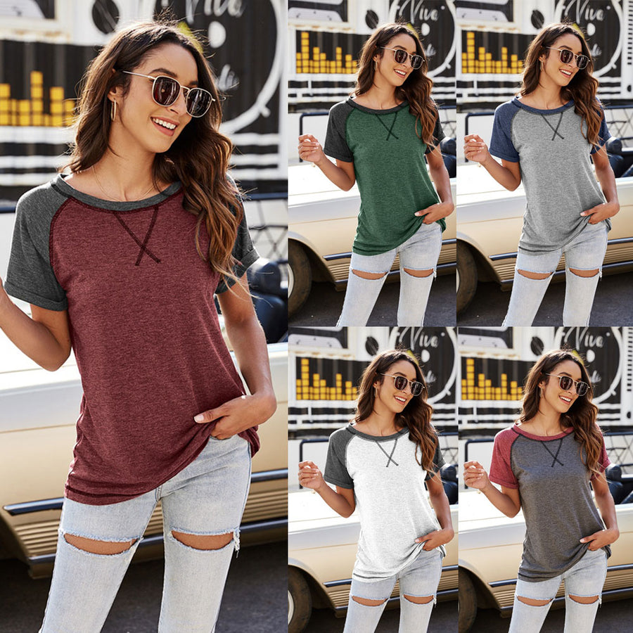 Raglan Short Sleeve Contrast Color Blouse Shirt in 5 Colors Image 1