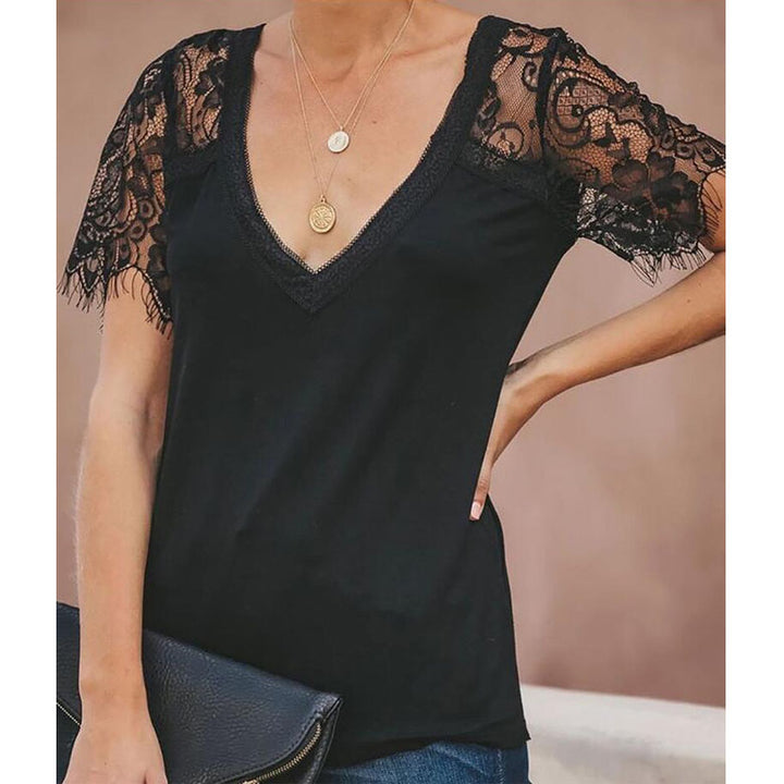 Lace Patchwork Short Sleeve V Neck Top Blouse Image 8