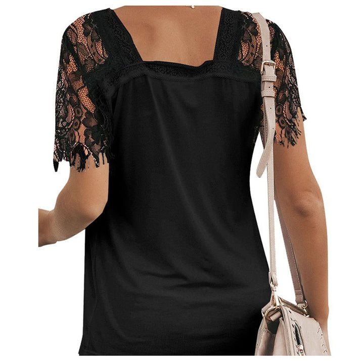 Lace Patchwork Short Sleeve V Neck Top Blouse Image 9