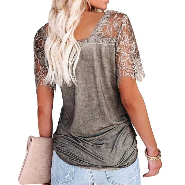 Lace Patchwork Short Sleeve V Neck Top Blouse Image 3