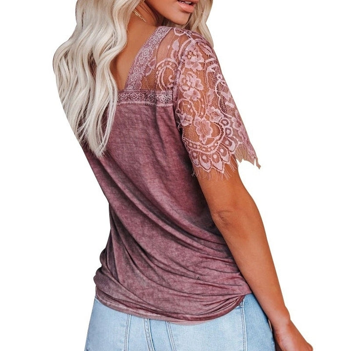 Lace Patchwork Short Sleeve V Neck Top Blouse Image 4