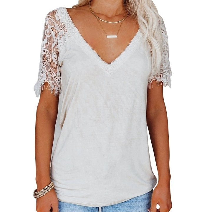 Lace Patchwork Short Sleeve V Neck Top Blouse Image 10