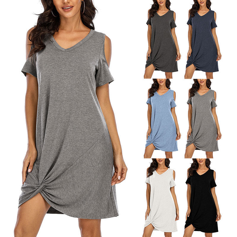 V-Neck Twist Knot Cold Shoulder Loose Summer Tunics Image 1