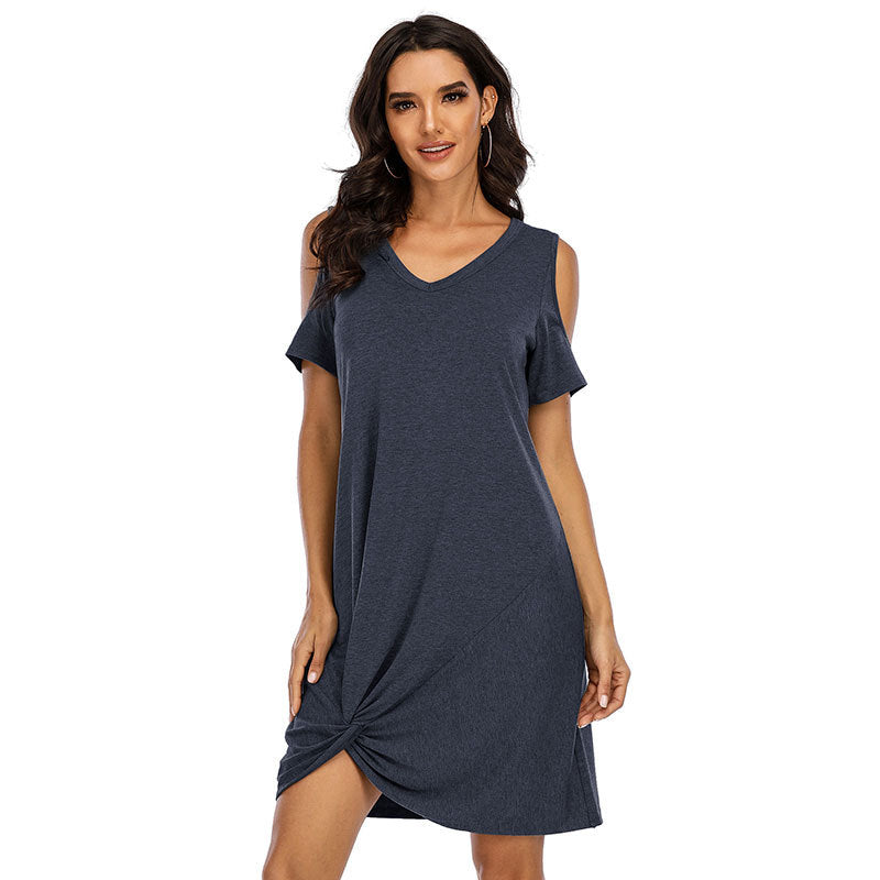 V-Neck Twist Knot Cold Shoulder Loose Summer Tunics Image 2