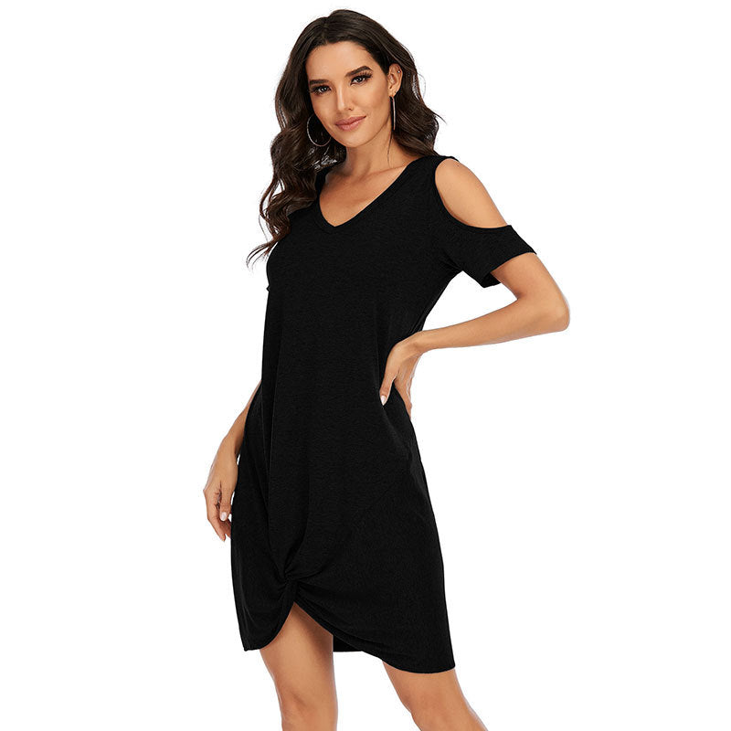 V-Neck Twist Knot Cold Shoulder Loose Summer Tunics Image 3