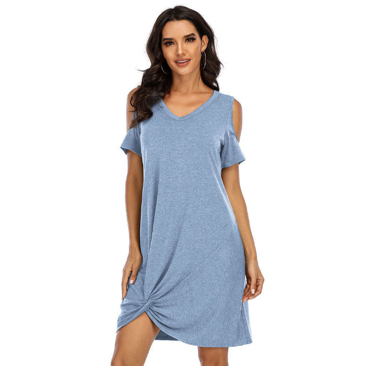 V-Neck Twist Knot Cold Shoulder Loose Summer Tunics Image 4