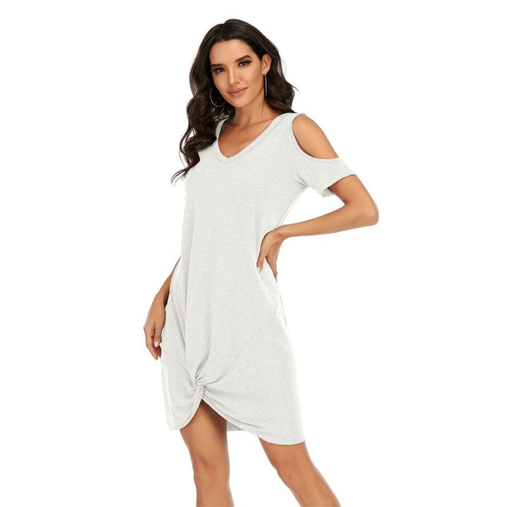 V-Neck Twist Knot Cold Shoulder Loose Summer Tunics Image 1