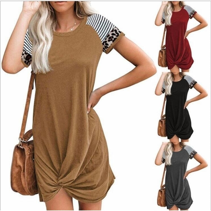 Women Summer Twist Knot Tshirt Dress Side Knot Mini Dress Leopard Stripe Image 1