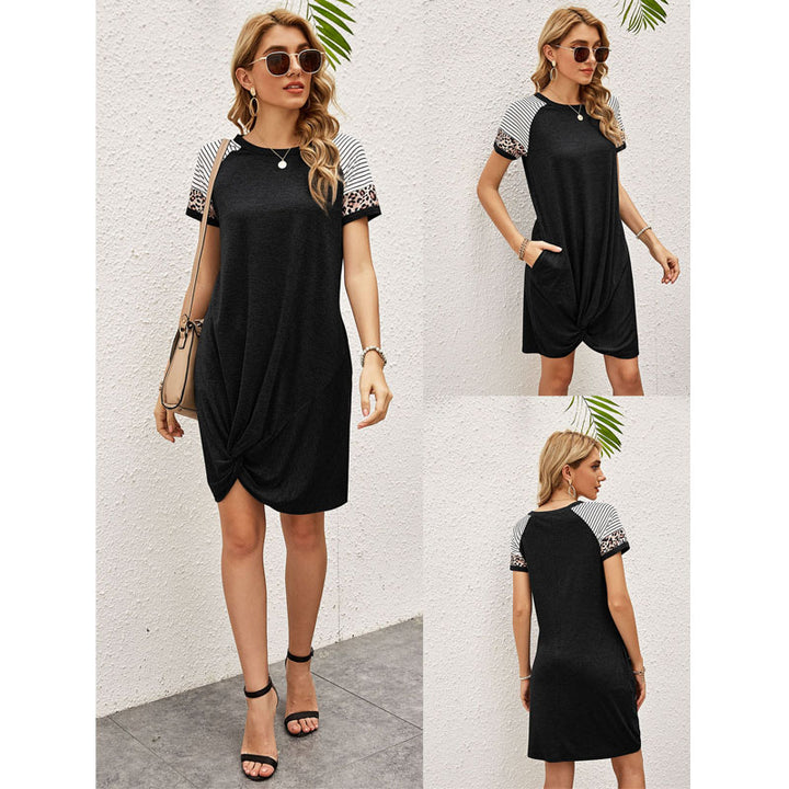 Women Summer Twist Knot Tshirt Dress Side Knot Mini Dress Leopard Stripe Image 3