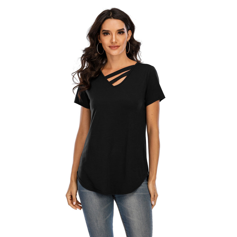 V-Neck Criss Cross Shirts Loose Fit Tunic Tops Irregular Hem Casual T-Shirt Image 2