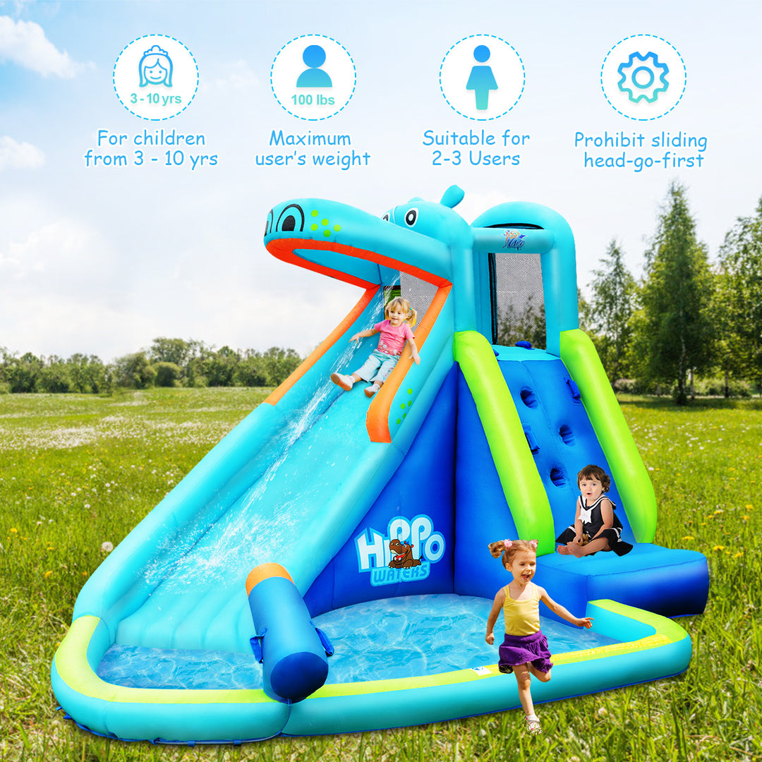 Inflatable Kids Hippo Bounce House Slide Climbing Wall Splash Pool w/740W Blower Image 4