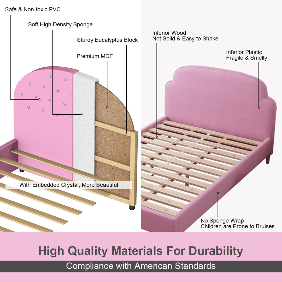 Kids Children PU Upholstered Platform Wooden Princess Bed Bedroom Furniture Pink Image 4