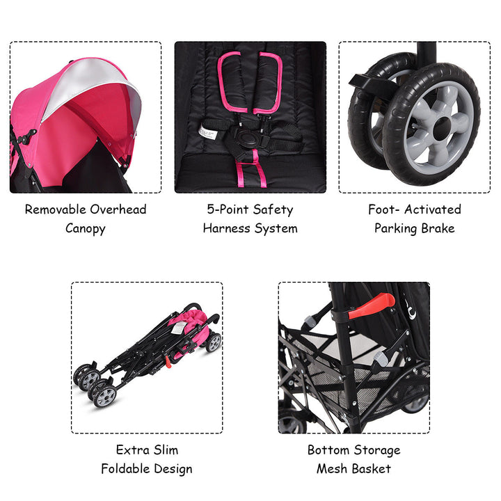 Costway Pink Folding Lightweight Baby Toddler Umbrella Travel Stroller w/ Storage Basket Image 4