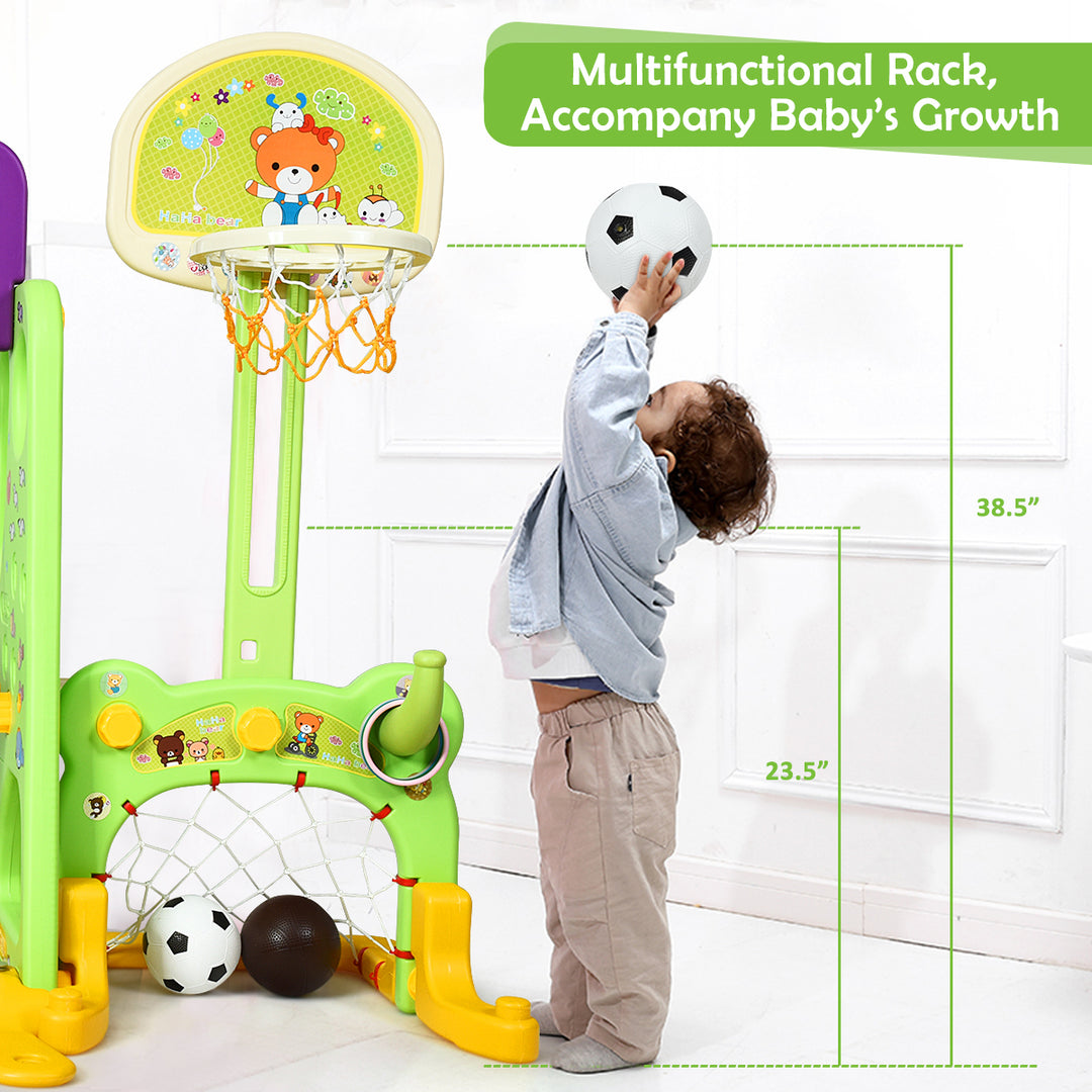 6 In 1 Toddler Climber and Swing Set w/ Basketball Hoop and Football Gate Backyard Image 6