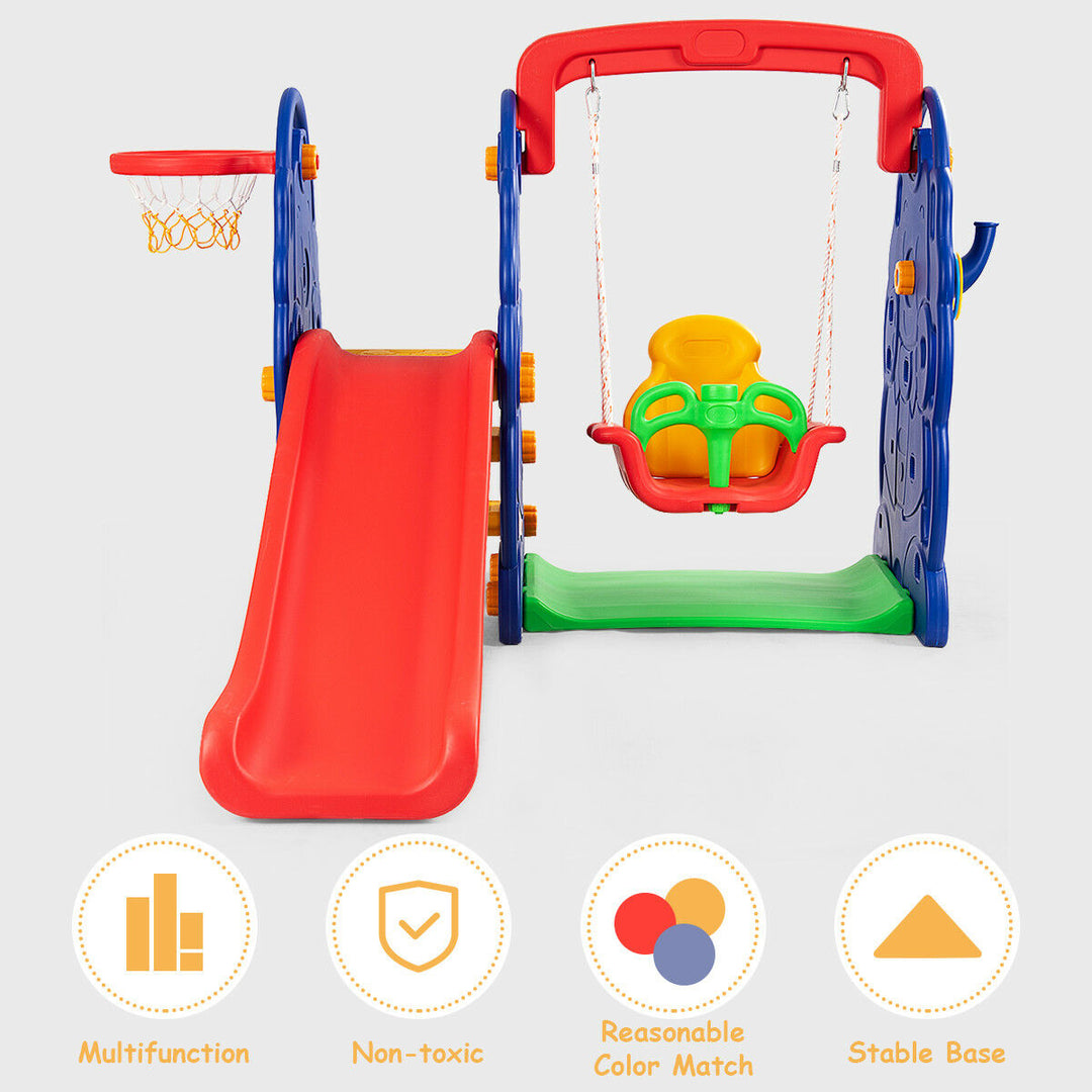 3 in 1 Junior Children Climber Slide Swing Seat Basketball Hoop Playset Backyard Image 4