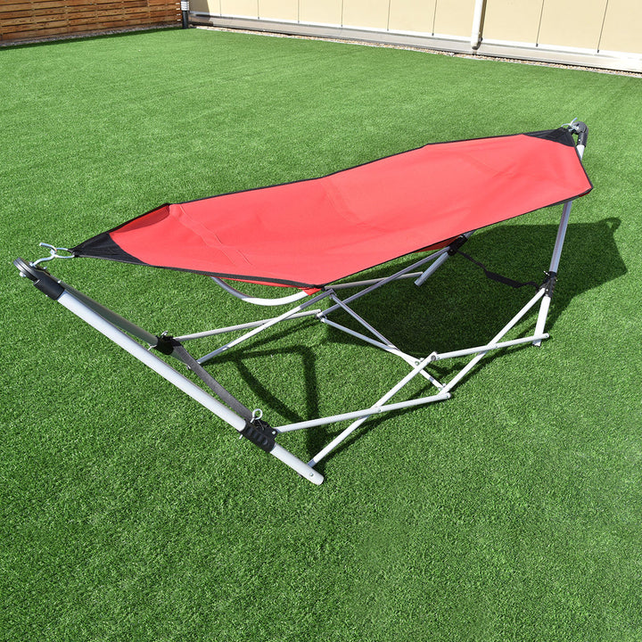 Red Portable Folding Hammock Lounge Camping Bed Steel Frame Stand W/Carry Bag Image 4