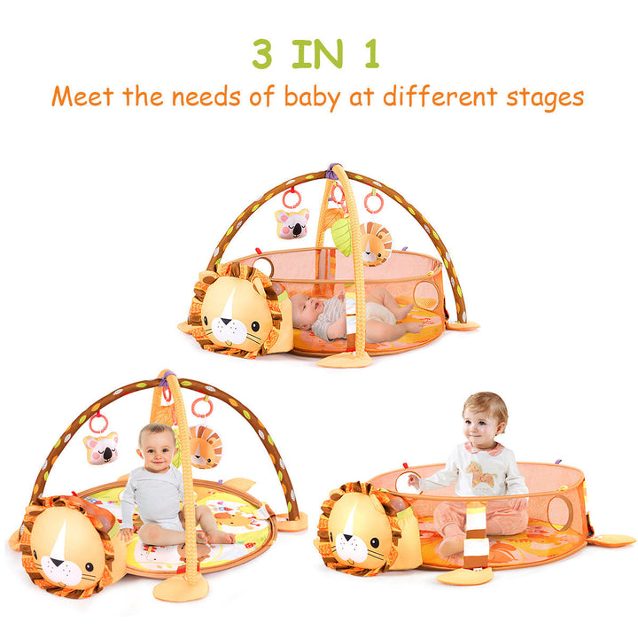 3 in 1 Cartoon Lion Baby Infant Activity Gym Play Mat w Hanging Toys Ocean Ball Image 4