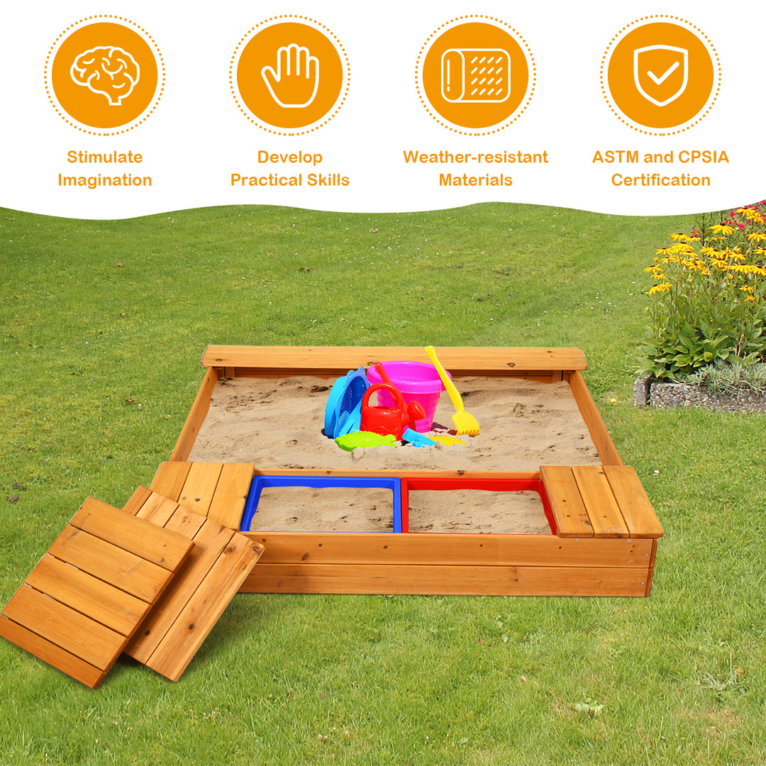 Kids Cedar Sandbox w/ Storage Boxes and Bench Seats Children Outdoor Playset Backyard Image 4