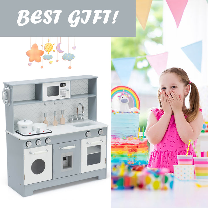 Pretend Play Kitchen Wooden Toy Set for Kids w/ Realistic Light and Sound Image 4