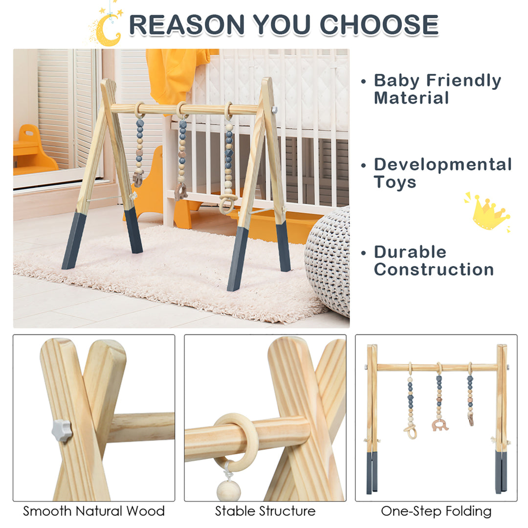 Foldable Wooden Baby Gym with 3 Wooden Baby Teething Toys Hanging Bar Gray Image 4