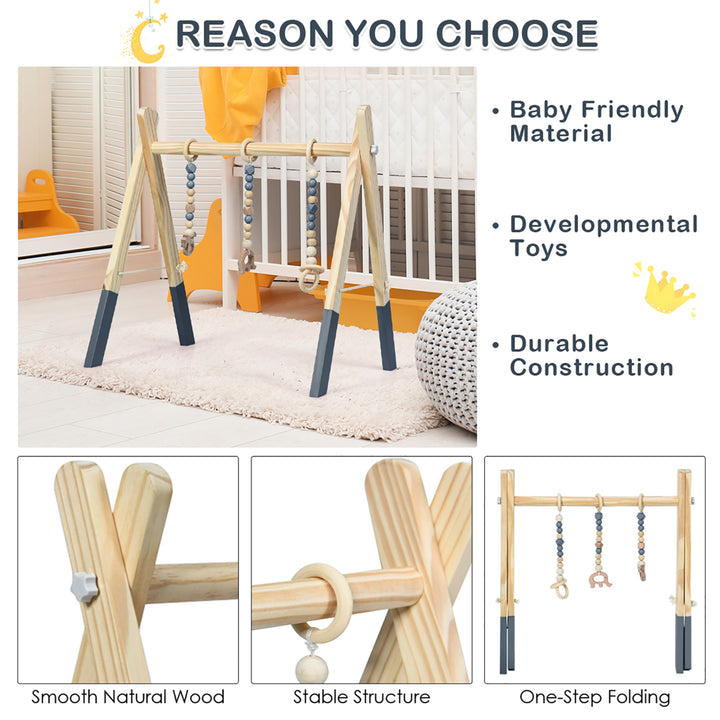 Foldable Wooden Baby Gym with 3 Wooden Baby Teething Toys Hanging Bar Gray Image 4