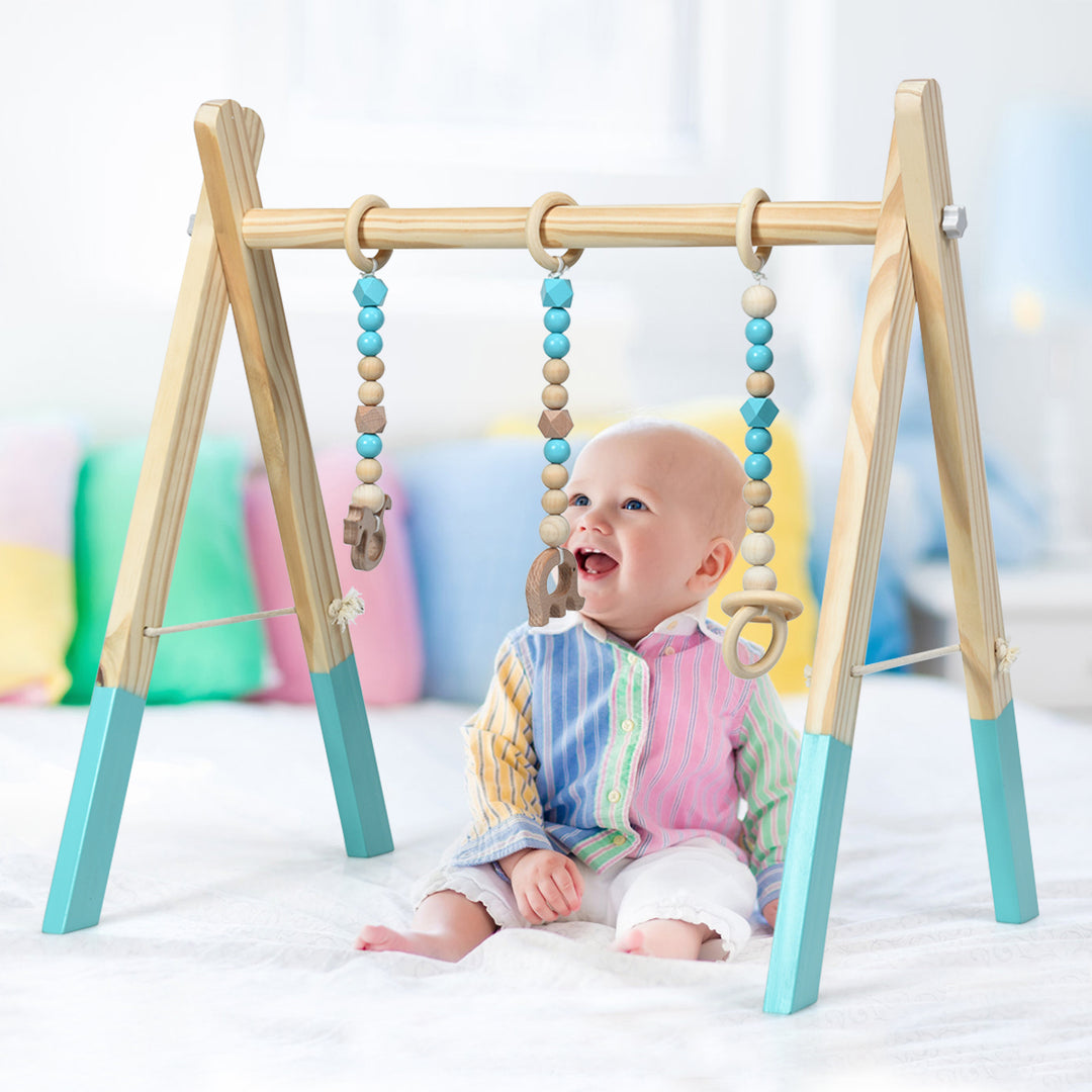 Foldable Wooden Baby Gym with 3 Wooden Baby Teething Toys Hanging Bar Green Image 4