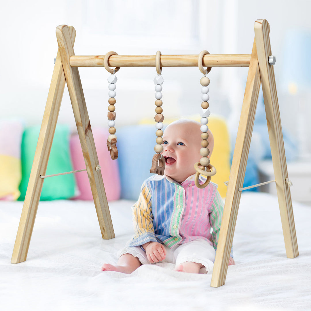 Foldable Wooden Baby Gym with 3 Wooden Baby Teething Toys Hanging Bar Natural Image 4