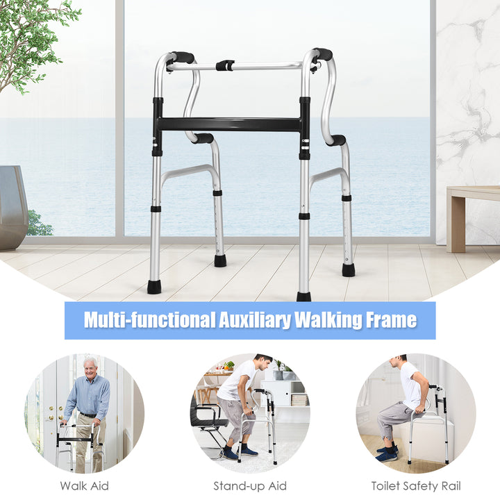 One-button Folding Walker Aluminum Walking Frame w/ Adjustable Height Image 4