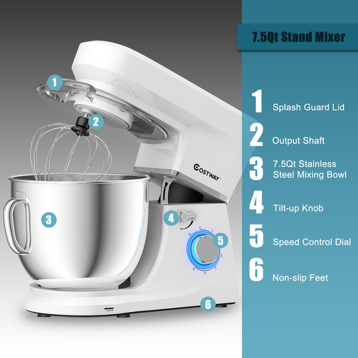 Tilt-Head Stand Mixer 7.5 Qt 6 Speed 660W with Dough Hook Whisk and Beater White Image 4