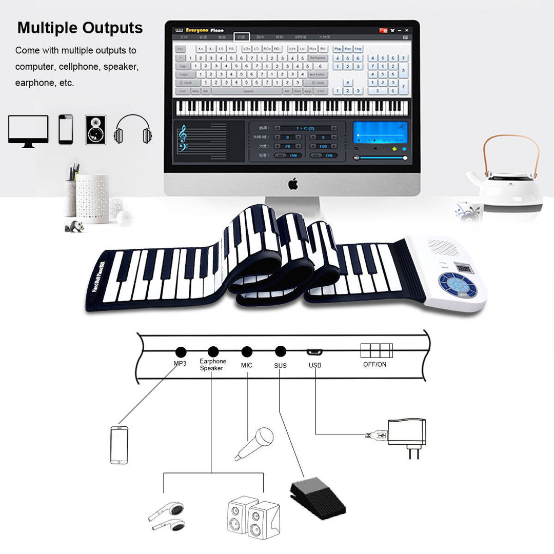 88 Key Electronic Roll Up Piano Keyboard Silicone Rechargeable Bluetooth w/Pedal Image 4