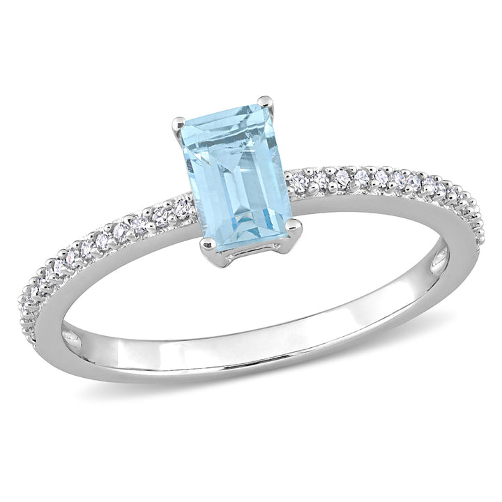 7/10 Carat (ctw) Emerald Cut Blue Topaz and Diamond Solitaire Ring in 10K White Gold Image 1