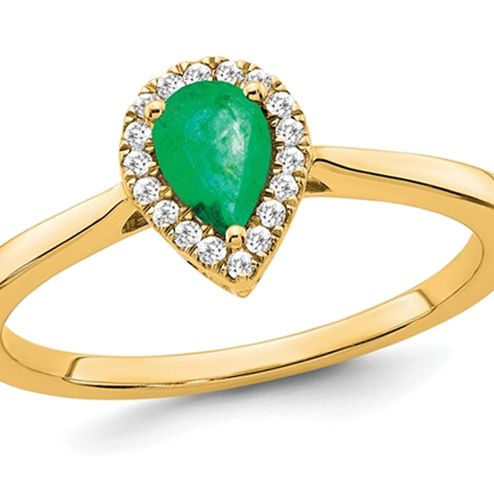 1/2 Carat (ctw) Emerald Teardrop Ring in 14K Yellow Gold with Diamonds Image 1