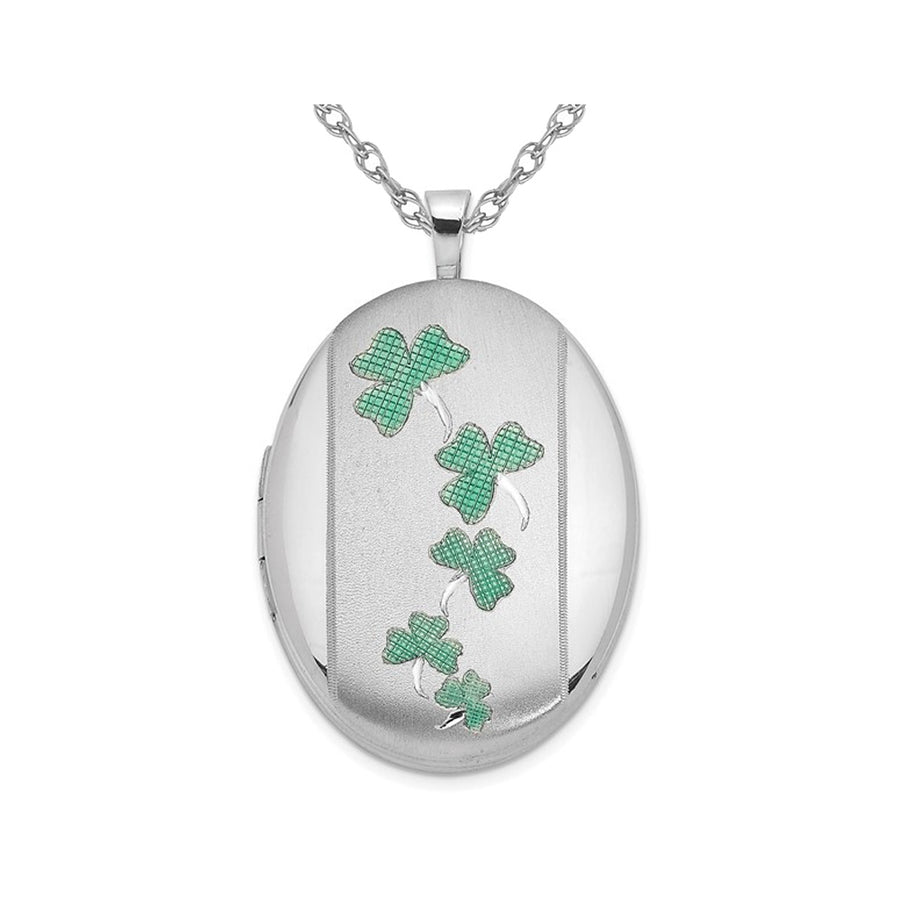 Sterling Silver Green Clover Locket Pendant Necklace with Chain Image 1