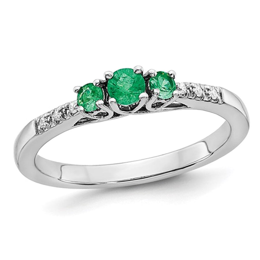 1/5 Carat (ctw) Three Stone Emerald Ring in 14K White Gold with Accent Diamonds Image 1