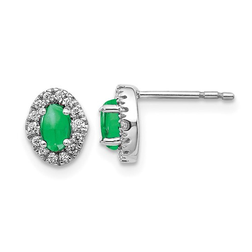 7/10 Carat (ctw) Cabochon Emerald Halo Solitaire Earrings in 14K White Gold with Diamonds Image 1