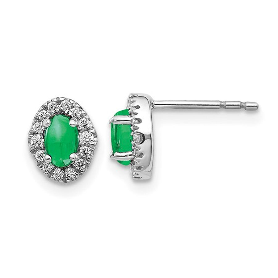 7/10 Carat (ctw) Cabochon Emerald Halo Solitaire Earrings in 14K White Gold with Diamonds Image 1