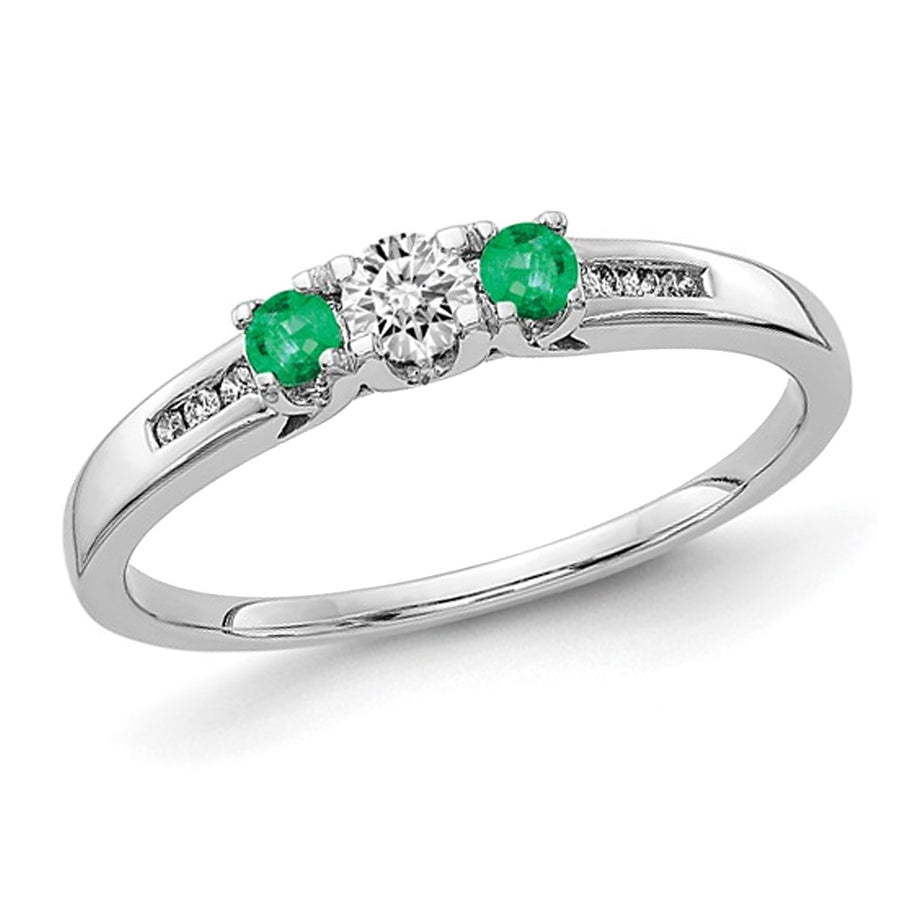 1/6 Carat (ctw) Three Stone Diamond and Emerald Ring in 14K White Gold Image 1