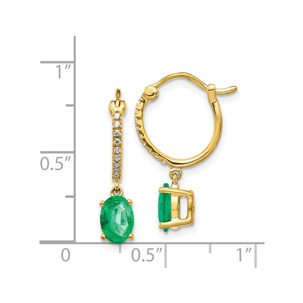 1.50 Carat (ctw) Emerald Hoop Dangle Earrings with Diamonds in 14K Yellow Gold Image 3