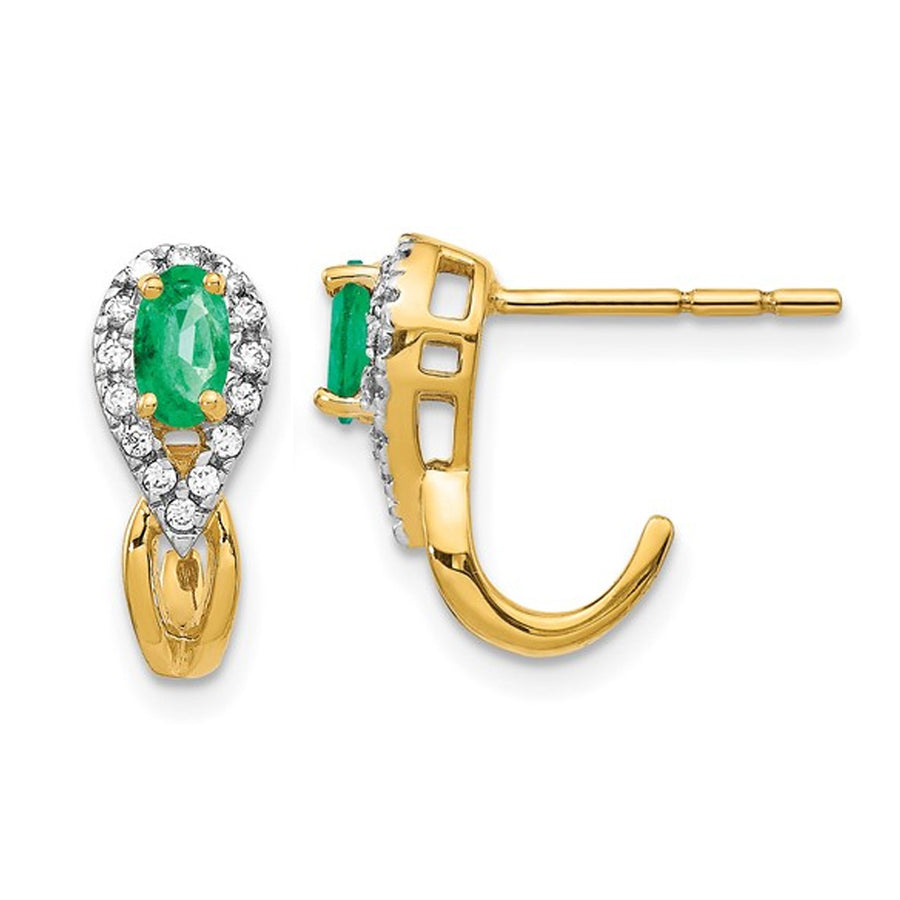 2/5 Carat (ctw) Emerald J-Hoop Earrings in 14K Yellow Gold with Diamonds Image 1