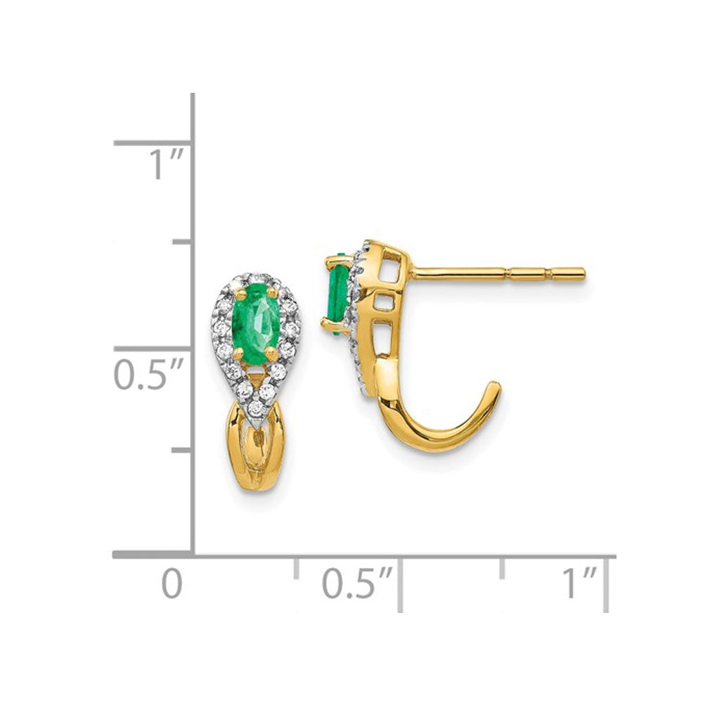 2/5 Carat (ctw) Emerald J-Hoop Earrings in 14K Yellow Gold with Diamonds Image 2