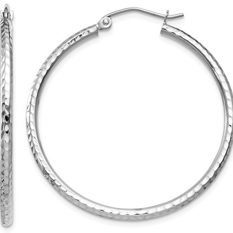 14K White Gold Medium Diamond-Cut Hoop Earrings 1 1/4 Inch (2.00 mm) Image 1