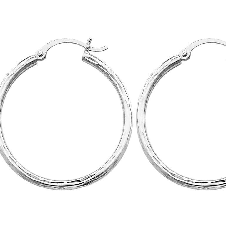 14K White Gold Medium Diamond-Cut Hoop Earrings 1 1/4 Inch (2.00 mm) Image 2